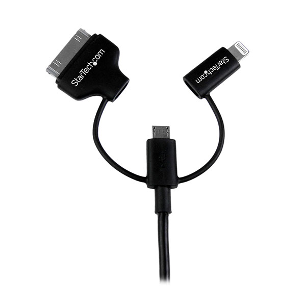 3' Black Apple 8-pin Lightning or 30-pin Dock Connector or Micro USB to USB Combo Cable